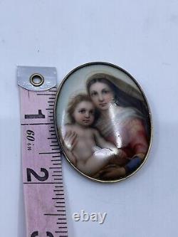 Antique Victorian Hand Painted Porcelain Brooch Sistine Madonna & Child RARE