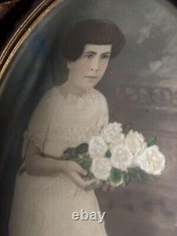 Antique Victorian Hand-Tinted Colored Portrait Of Child In Oval Bubble Frame