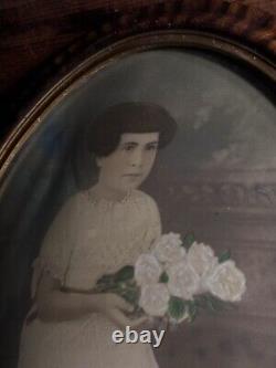 Antique Victorian Hand-Tinted Colored Portrait Of Child In Oval Bubble Frame