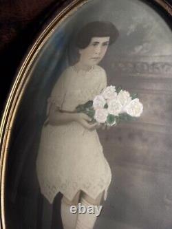 Antique Victorian Hand-Tinted Colored Portrait Of Child In Oval Bubble Frame