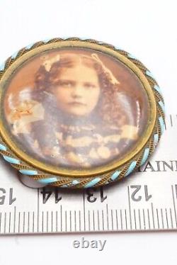 Antique Victorian Mourning Brooch Pin Gold Tone Little Girl Child Photo