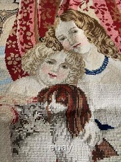 Antique Victorian Needlepoint Picture Mom Child King Charles Spaniel Dog Cat Lrg