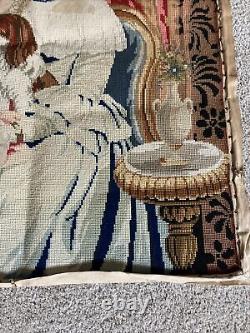 Antique Victorian Needlepoint Picture Mom Child King Charles Spaniel Dog Cat Lrg
