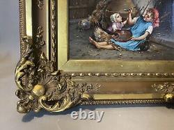 Antique Victorian Ornate Gilt Framed Oil Painting On Canvas Children & Chickens