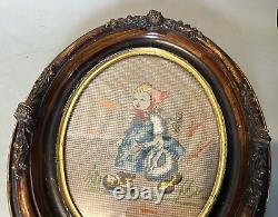 Antique Victorian Oval Framed Needlepoint Embroidery of a Child
