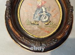 Antique Victorian Oval Framed Needlepoint Embroidery of a Child