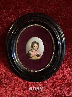 Antique Victorian Oval Miniature Painting On Porcelain Framed Child And Cat