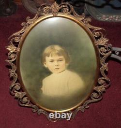 Antique Victorian Photograph Young Girl Convex Frame Ornate Metal Scrolls