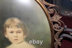 Antique Victorian Photograph Young Girl Convex Frame Ornate Metal Scrolls