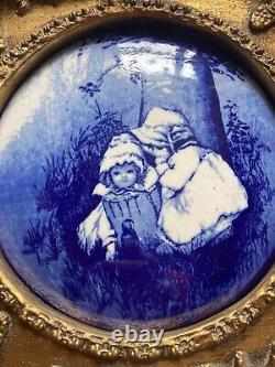 Antique Victorian Royal Doulton Porcelain Plaque Blue Children-Gilt Frame