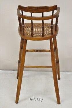 Antique Victorian Small Child's Oak Wood Spindle Cane Seat High Chair