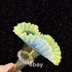 Antique Victorian Vaseline Art Glass Vase Opalescent Ruffles Hand Blown 365 UV G