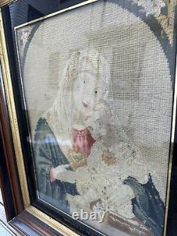 Antique Victorian Walnut Framed Needlework of Mary & Child