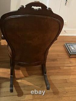 Antique Victorian Walnut Wood Leather Upholstered Small Child Rocking Chair