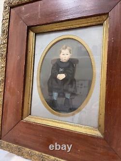 Antique Victorian hand painted photo Child Portrait In Wood and Gesso Frame