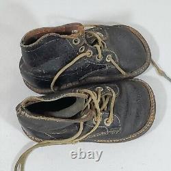 Antique Vintage Black Leather Toddler Baby Lace Up Shoes Boots Grunge Old Props