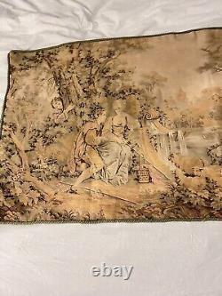 Antique Vintage French Woven Romantic Tapestry Victorian Wall Hanging 58x28