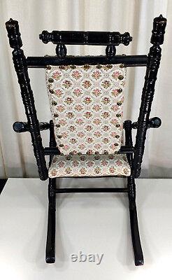 Antique Vintage Kids Child Size Wood Rocking Chair Black & Victorian Upholstery