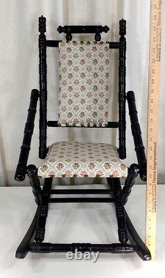 Antique Vintage Kids Child Size Wood Rocking Chair Black & Victorian Upholstery