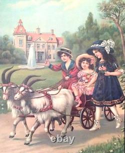 Antique Vtg Ephemera Victorian Lrg Print Germany Goat Carriage Children 1800's