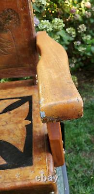 Antique Wood Child's Rocker Rocking Chair, Leather Back & Seat