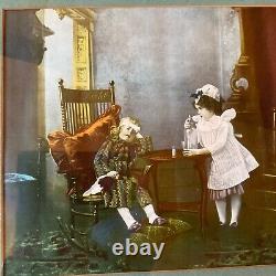 Antique children nurse portrait print Victorian vintage frame framed glass 1900