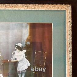 Antique children nurse portrait print Victorian vintage frame framed glass 1900