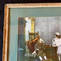 Antique children nurse portrait print Victorian vintage frame framed glass 1900