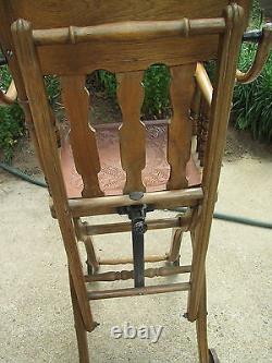 Antique oak & chestnut press back W slats 39H child's Hi Chair-conv.to stroller