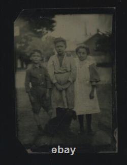 Antique tintype photo kids outdoors visible houses + black dog victorian 1800s