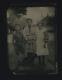 Antique tintype photo kids outdoors visible houses + black dog victorian 1800s
