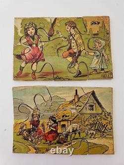 Antique victorian DISSECTED PUZZLE wood jigsaw 4 PIX litho art children monkey