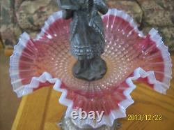 Brides Basket Compote Antique Cranberry Ruffled Victorian Pewter Child Statue