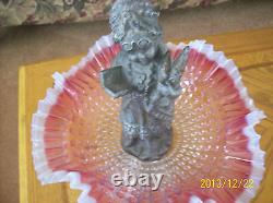 Brides Basket Compote Antique Cranberry Ruffled Victorian Pewter Child Statue