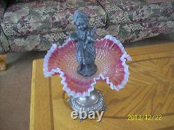 Brides Basket Compote Antique Cranberry Ruffled Victorian Pewter Child Statue