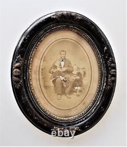 C1860 antique victorian WOOD FRAME ornate ENHANCED PHOTOGRAPH father children