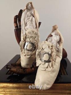 CIVIL War Era 1860's Or Just Post White Kid Leather Shoes W Bow Trimmed Vamp