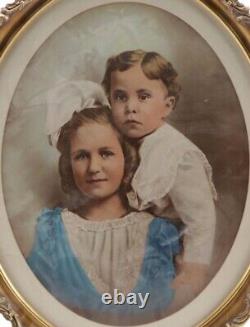 Charming Late 19th Century Crayon Portrait of Children in Gilt Frame