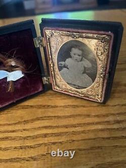 Daguerreotype Baby Girl In Gutta Percha Case, Lock of Hair, Memorial Photo