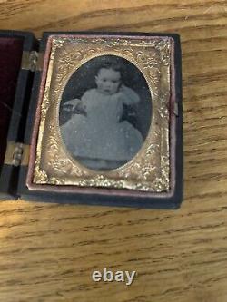 Daguerreotype Baby Girl In Gutta Percha Case, Lock of Hair, Memorial Photo