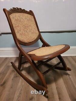 Folding Wooden Rocking Chair Ornate Headrest Vintage Floral Rocker Wood Antique