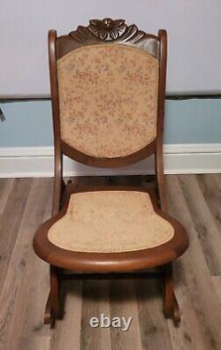Folding Wooden Rocking Chair Ornate Headrest Vintage Floral Rocker Wood Antique