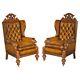 Huge Pair Of Antique Victorian Lion Carved Chesterfield Brown Leather Armchairs