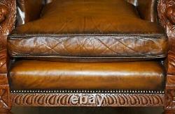 Huge Pair Of Antique Victorian Lion Carved Chesterfield Brown Leather Armchairs