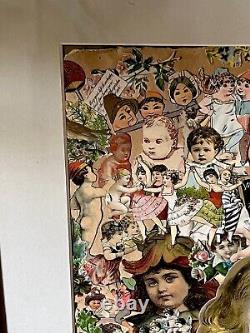 Large 18Antique Victorian Folk Art Framed Decoupage Collage 1890-1895