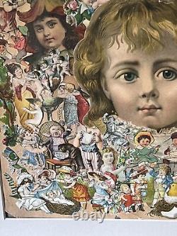 Large 18Antique Victorian Folk Art Framed Decoupage Collage 1890-1895