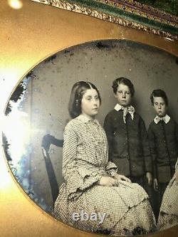 Large 3/4 PLATE Ambrotype Of Siblings Twins In Leather Photo Case 1850s Rare