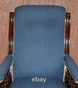 Lovely Early Victorian Hardwood Library Reading Armchair Regency Blue Upholstery