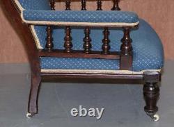 Lovely Early Victorian Hardwood Library Reading Armchair Regency Blue Upholstery