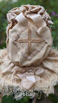 Most Opulent Victorian 19th C Child's Bonnet W Braid Work & Modesty Ruffle